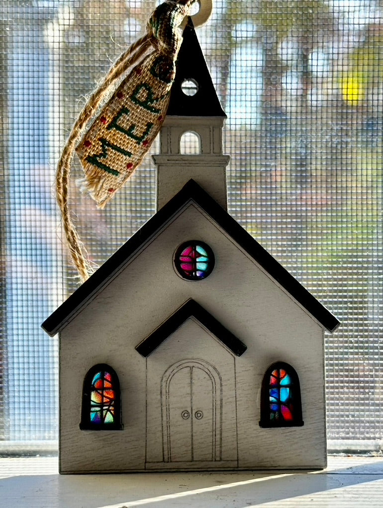 White Church with Stained Glass Windows Ornament