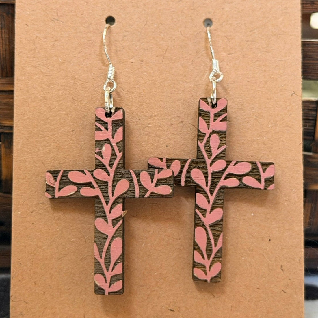 Engraved wood cross - pink