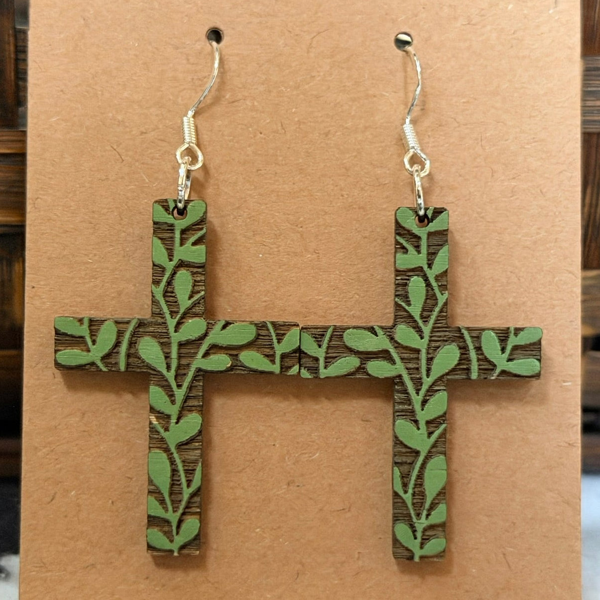 Engraved wood cross - green